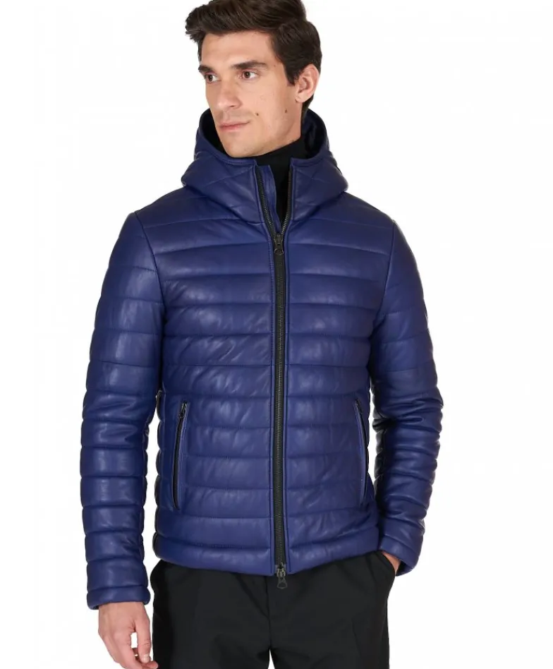 Uomo D'Arienzo Teo - Piumino in pelle naturale bluette con cappuccio
