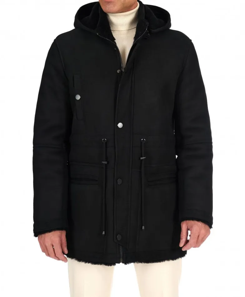 Uomo D'Arienzo Thomas - Cappotto Montone Shearling nero con cappuccio staccabile