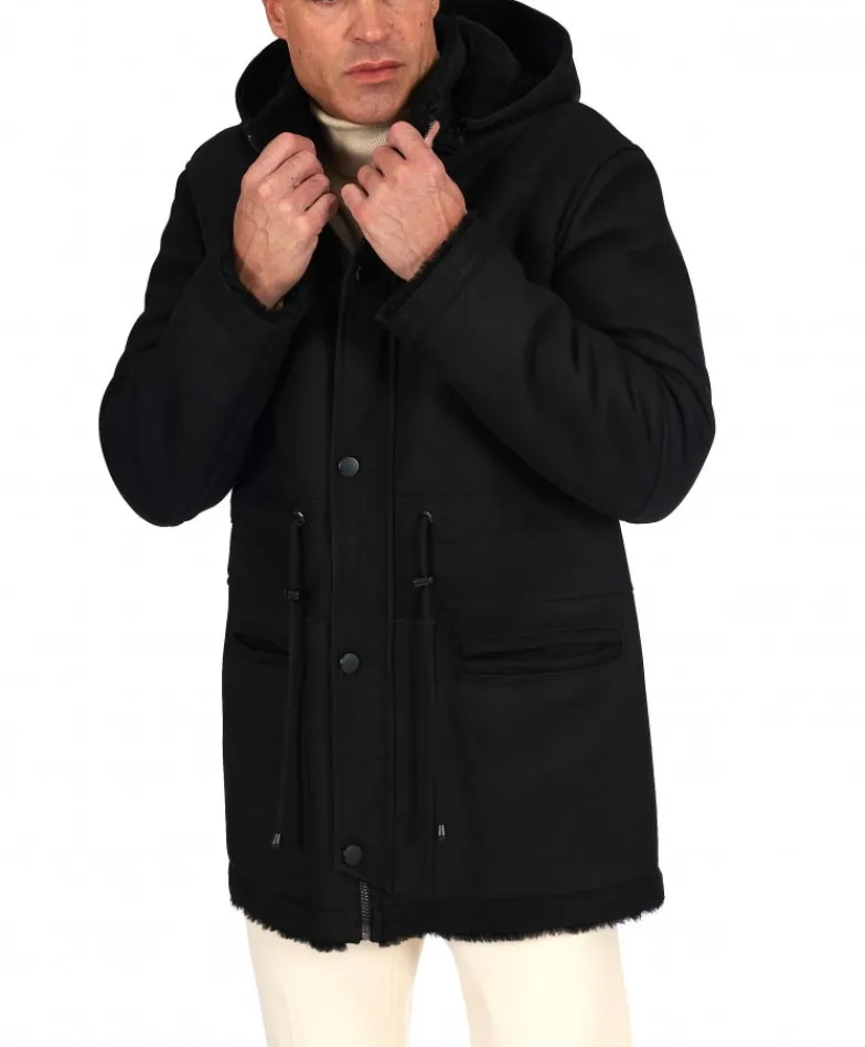 Uomo D'Arienzo Thomas - Cappotto Montone Shearling nero con cappuccio staccabile