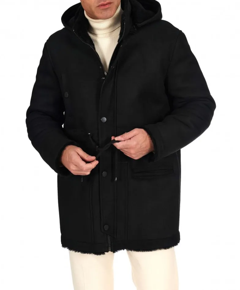 Uomo D'Arienzo Thomas - Cappotto Montone Shearling nero con cappuccio staccabile