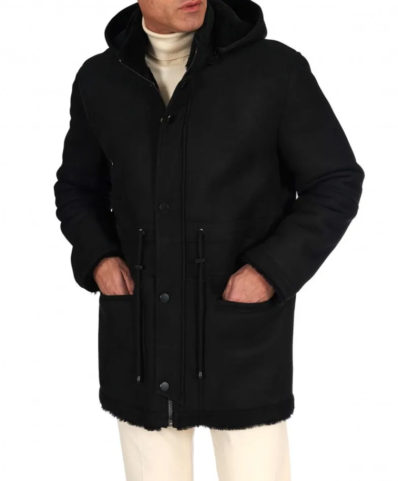 Uomo D'Arienzo Thomas - Cappotto Montone Shearling nero con cappuccio staccabile