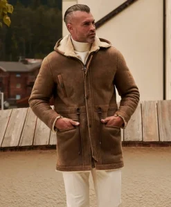 Uomo D'Arienzo Thomas - Cappotto Montone Shearling color fango con cappuccio staccabile