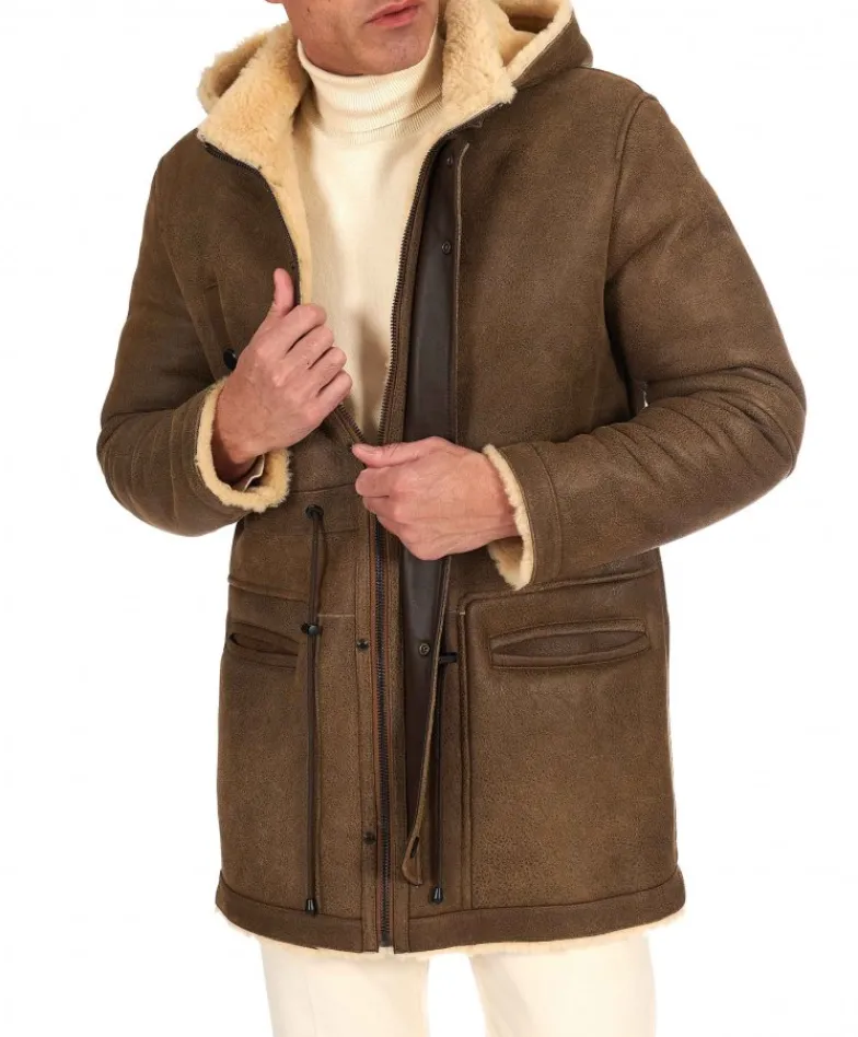 Uomo D'Arienzo Thomas - Cappotto Montone Shearling color fango con cappuccio staccabile