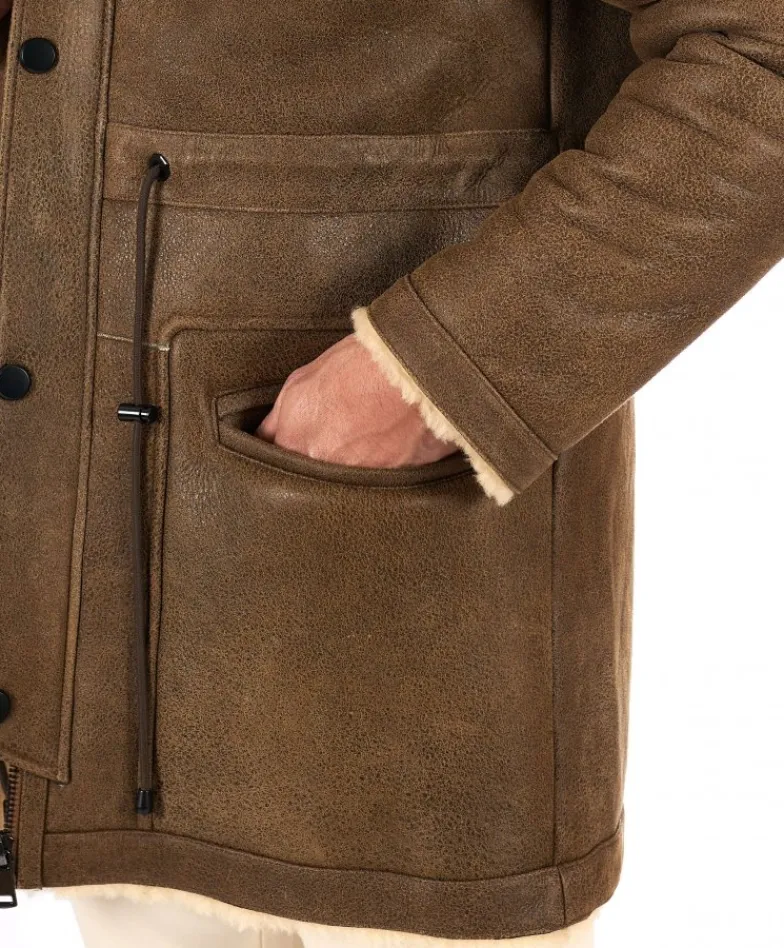 Uomo D'Arienzo Thomas - Cappotto Montone Shearling color fango con cappuccio staccabile