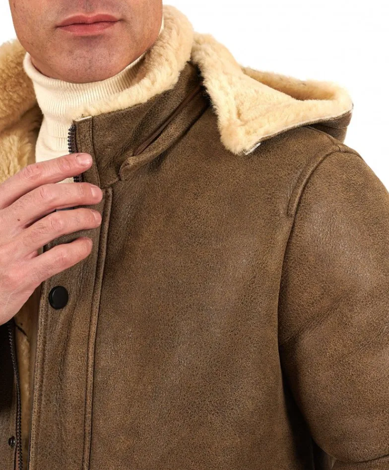Uomo D'Arienzo Thomas - Cappotto Montone Shearling color fango con cappuccio staccabile
