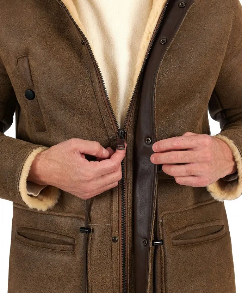 Uomo D'Arienzo Thomas - Cappotto Montone Shearling color fango con cappuccio staccabile