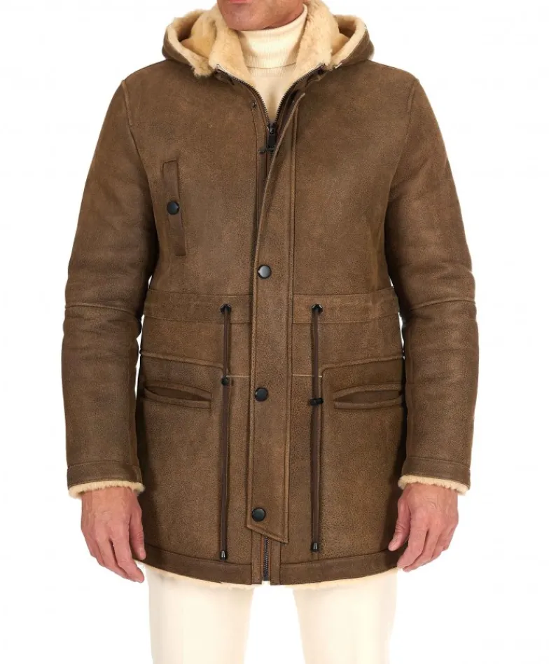 Uomo D'Arienzo Thomas - Cappotto Montone Shearling color fango con cappuccio staccabile