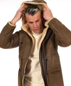 Uomo D'Arienzo Thomas - Cappotto Montone Shearling color fango con cappuccio staccabile