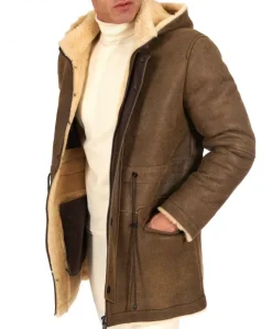 Uomo D'Arienzo Thomas - Cappotto Montone Shearling color fango con cappuccio staccabile