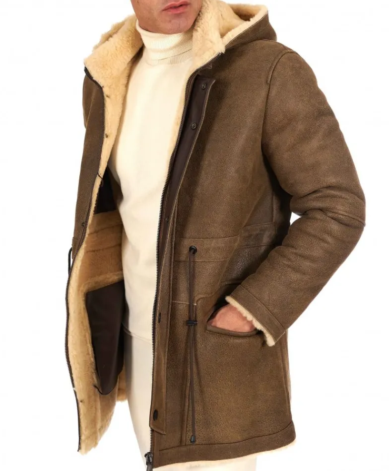 Uomo D'Arienzo Thomas - Cappotto Montone Shearling color fango con cappuccio staccabile