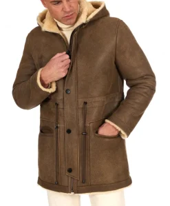 Uomo D'Arienzo Thomas - Cappotto Montone Shearling color fango con cappuccio staccabile