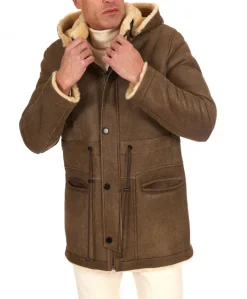 Uomo D'Arienzo Thomas - Cappotto Montone Shearling color fango con cappuccio staccabile