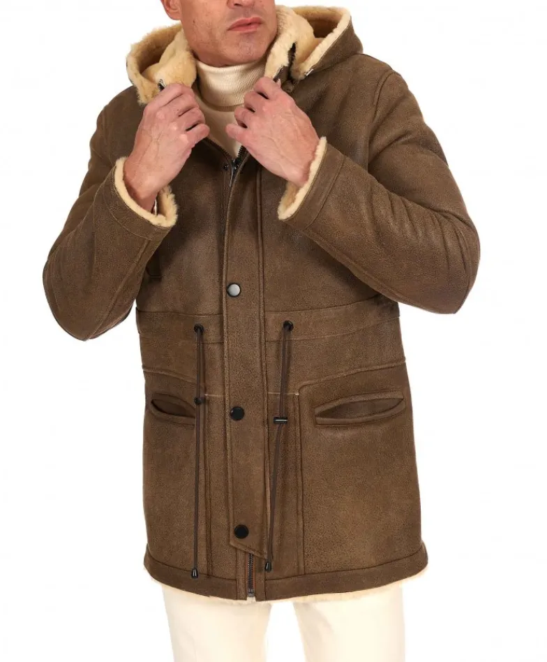 Uomo D'Arienzo Thomas - Cappotto Montone Shearling color fango con cappuccio staccabile