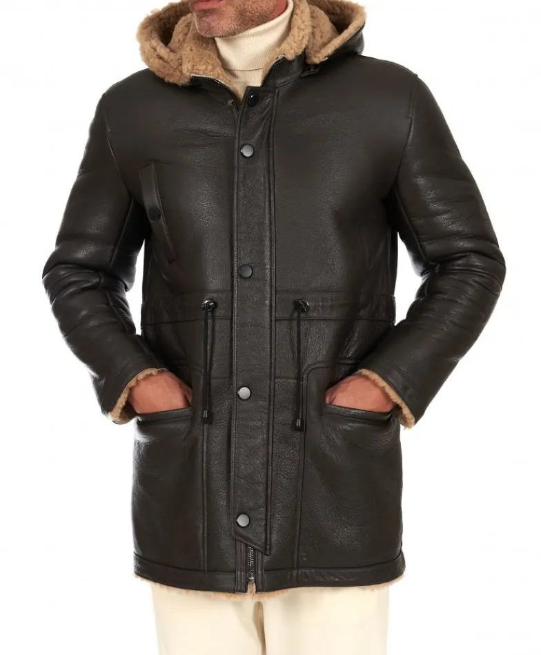 Uomo D'Arienzo Thomas - Cappotto montone shearling testa di moro con cappuccio staccabile