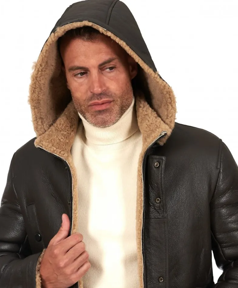 Uomo D'Arienzo Thomas - Cappotto montone shearling testa di moro con cappuccio staccabile
