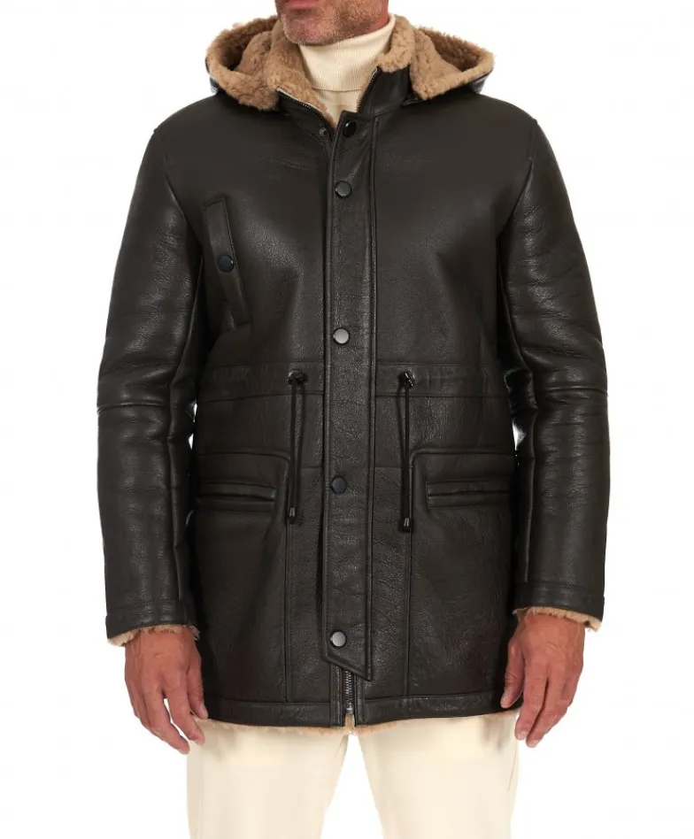 Uomo D'Arienzo Thomas - Cappotto montone shearling testa di moro con cappuccio staccabile