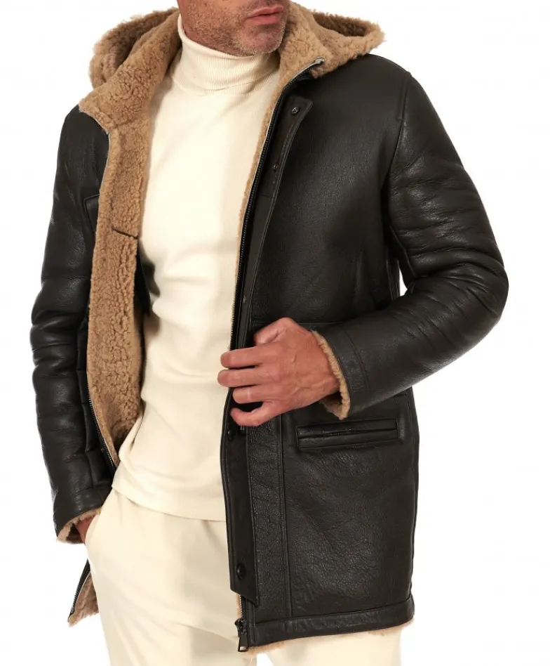 Uomo D'Arienzo Thomas - Cappotto montone shearling testa di moro con cappuccio staccabile