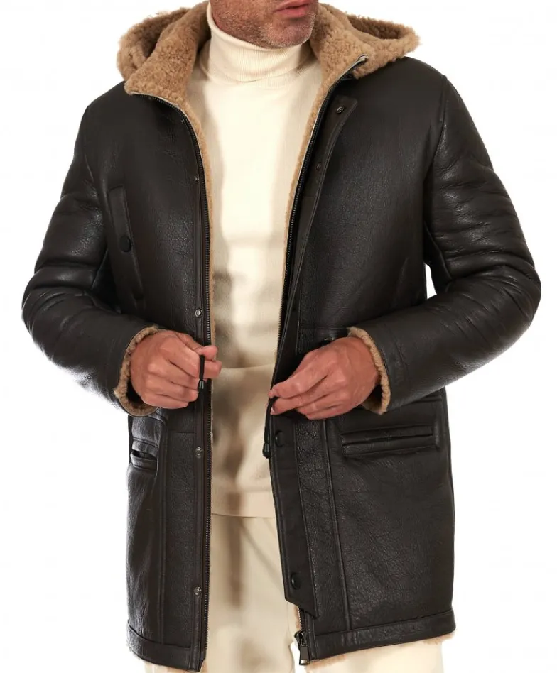 Uomo D'Arienzo Thomas - Cappotto montone shearling testa di moro con cappuccio staccabile