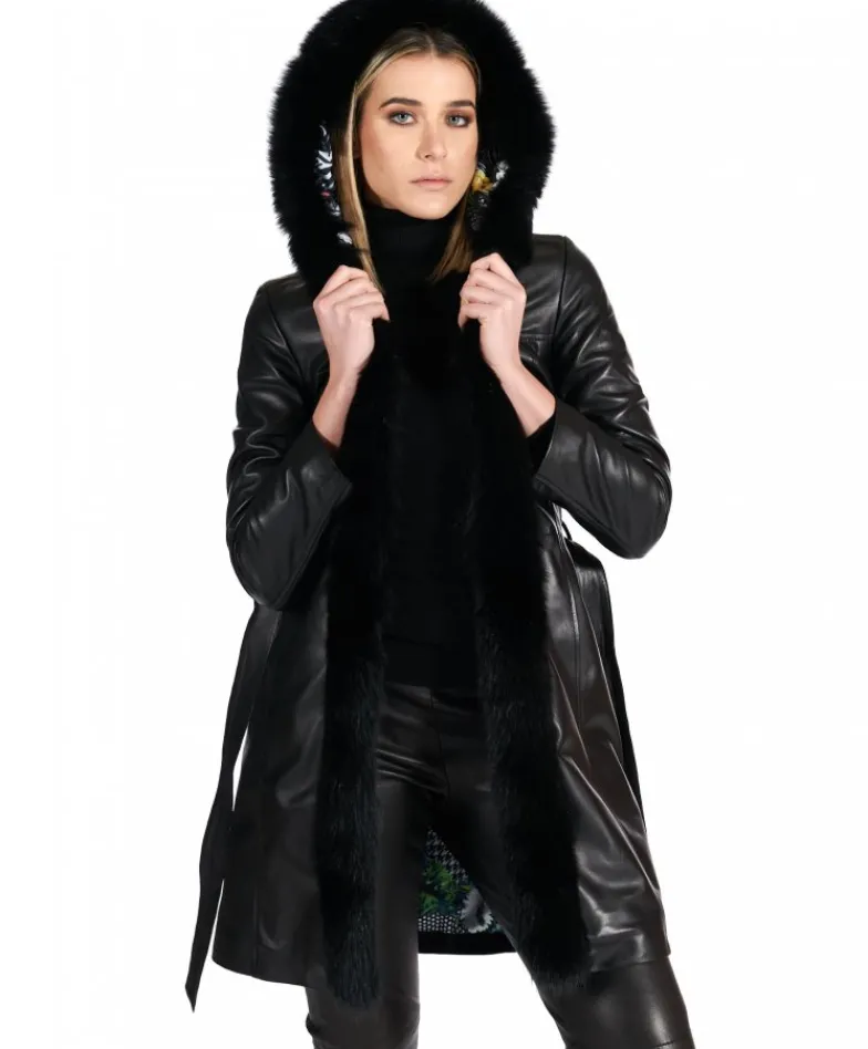 Donna D'Arienzo Tina - Cappotto in pelle nera con cappuccio bordato pelliccia