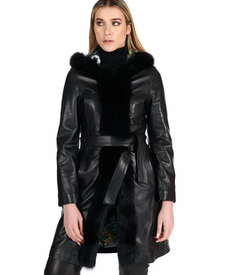 Donna D'Arienzo Tina - Cappotto in pelle nera con cappuccio bordato pelliccia