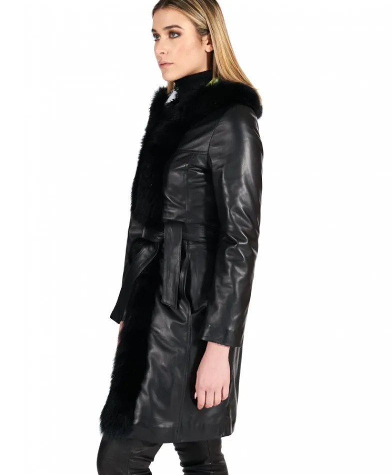 Donna D'Arienzo Tina - Cappotto in pelle nera con cappuccio bordato pelliccia