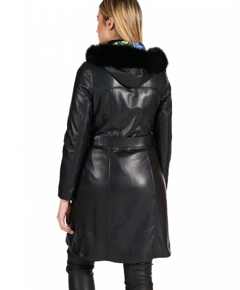 Donna D'Arienzo Tina - Cappotto in pelle nera con cappuccio bordato pelliccia