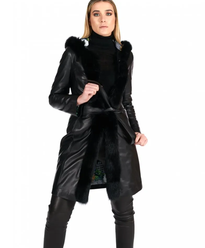 Donna D'Arienzo Tina - Cappotto in pelle nera con cappuccio bordato pelliccia