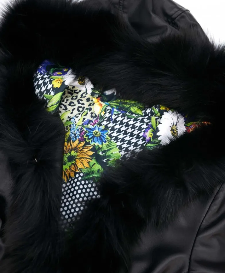 Donna D'Arienzo Tina - Cappotto in pelle nera con cappuccio bordato pelliccia