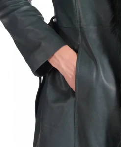 Donna D'Arienzo Tina - Cappotto in pelle naturale verde con cappuccio bordato pelliccia