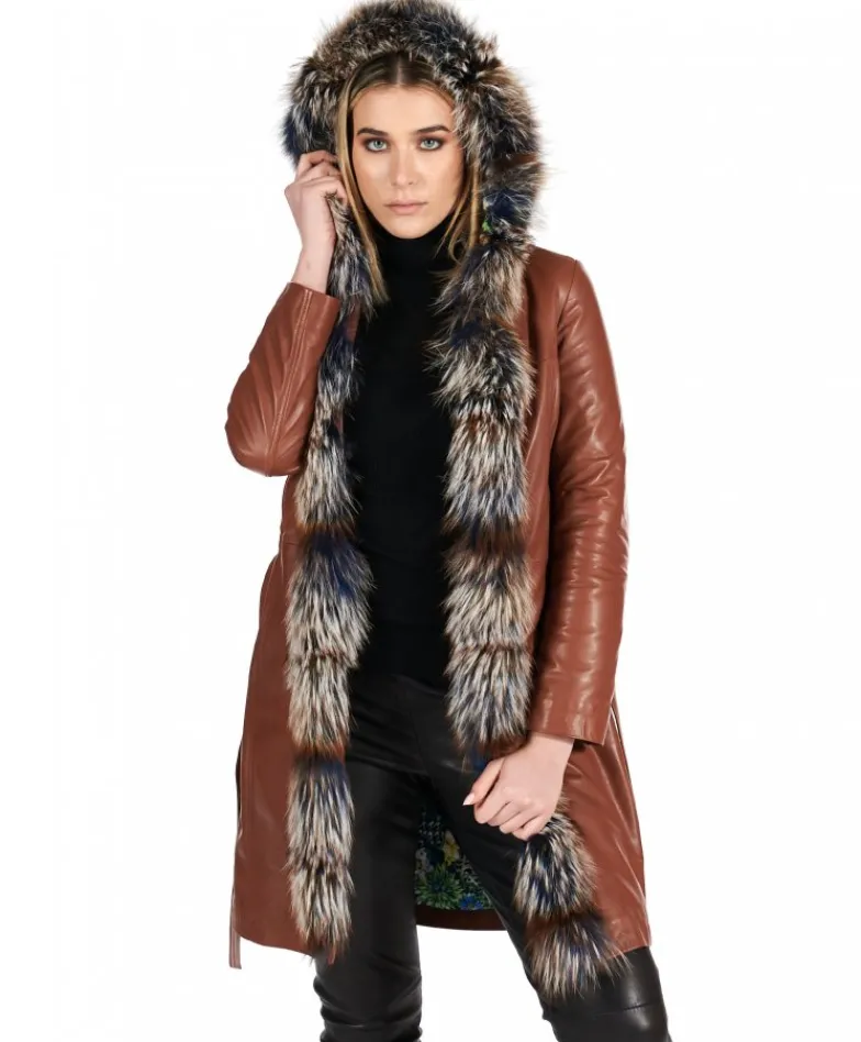 Donna D'Arienzo Tina - Cappotto in pelle naturale cuoio con cappuccio bordato pelliccia