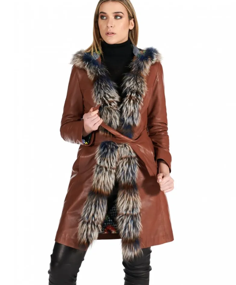 Donna D'Arienzo Tina - Cappotto in pelle naturale cuoio con cappuccio bordato pelliccia