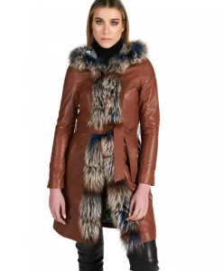 Donna D'Arienzo Tina - Cappotto in pelle naturale cuoio con cappuccio bordato pelliccia