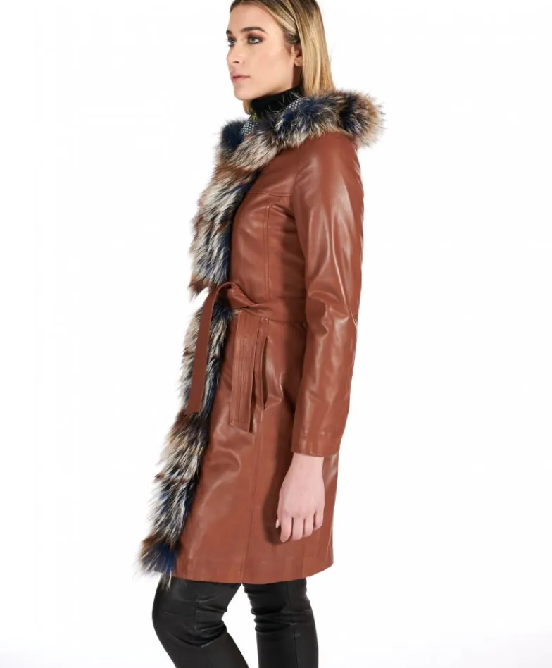 Donna D'Arienzo Tina - Cappotto in pelle naturale cuoio con cappuccio bordato pelliccia
