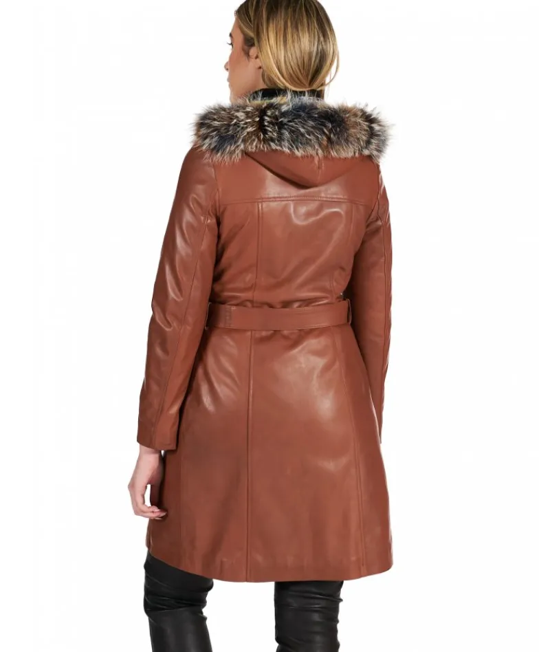 Donna D'Arienzo Tina - Cappotto in pelle naturale cuoio con cappuccio bordato pelliccia