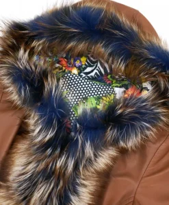Donna D'Arienzo Tina - Cappotto in pelle naturale cuoio con cappuccio bordato pelliccia