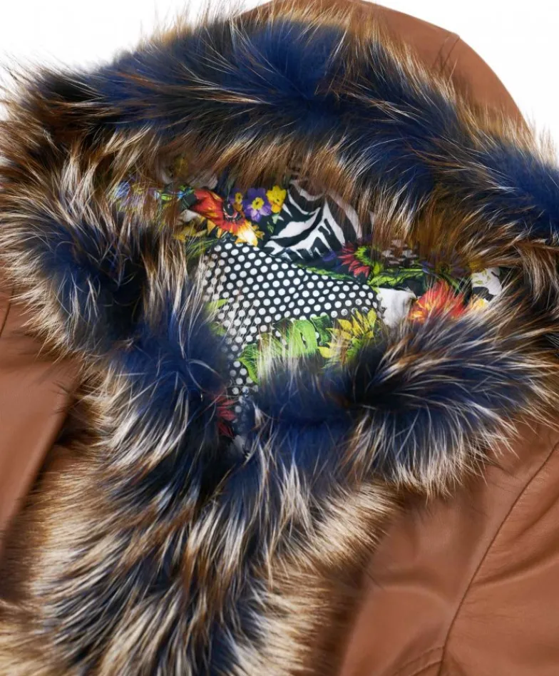 Donna D'Arienzo Tina - Cappotto in pelle naturale cuoio con cappuccio bordato pelliccia
