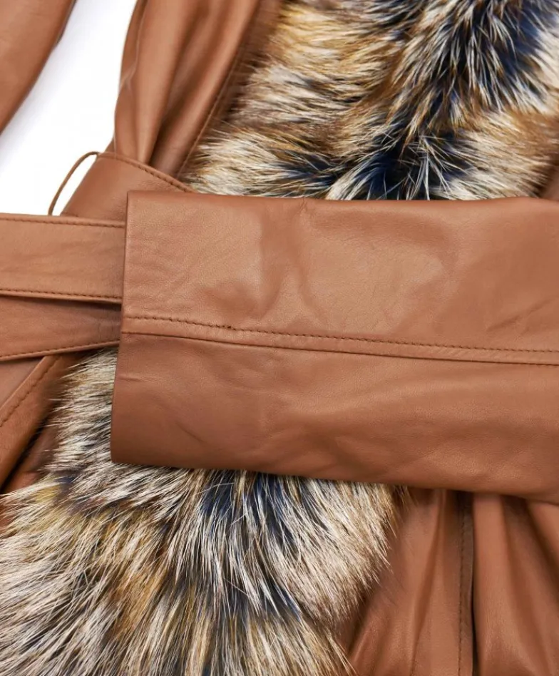 Donna D'Arienzo Tina - Cappotto in pelle naturale cuoio con cappuccio bordato pelliccia