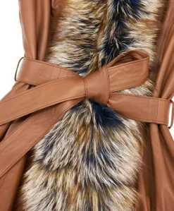 Donna D'Arienzo Tina - Cappotto in pelle naturale cuoio con cappuccio bordato pelliccia