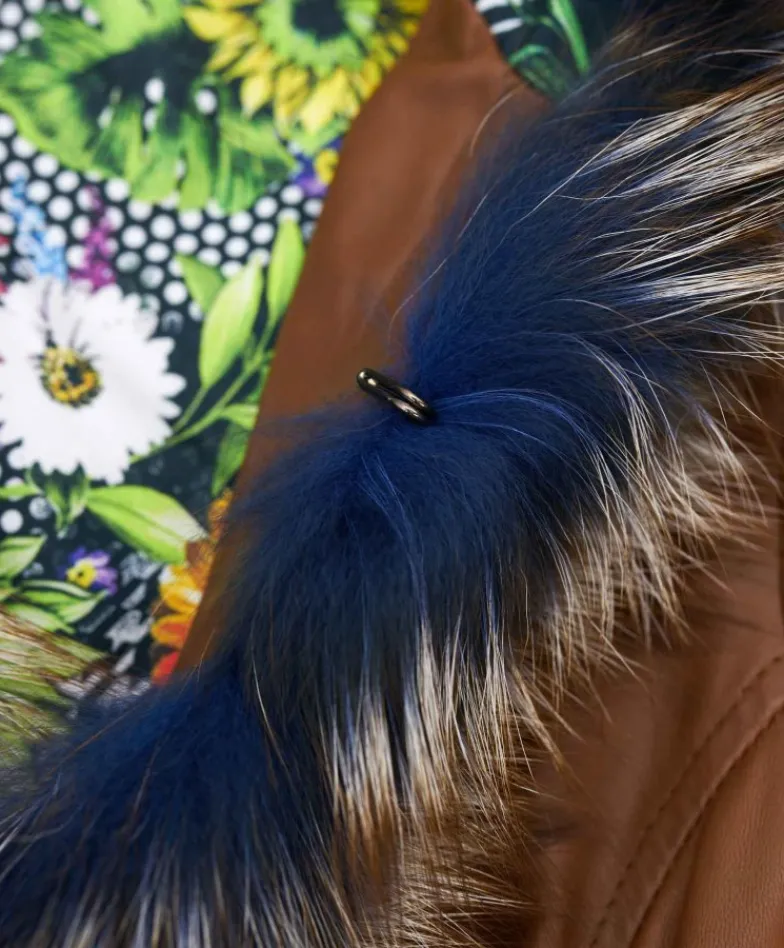 Donna D'Arienzo Tina - Cappotto in pelle naturale cuoio con cappuccio bordato pelliccia