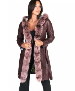 Donna D'Arienzo Tina - Cappotto in pelle naturale bordeaux con cappuccio bordato pelliccia