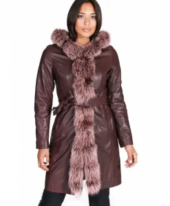 Donna D'Arienzo Tina - Cappotto in pelle naturale bordeaux con cappuccio bordato pelliccia