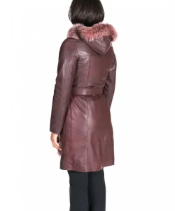 Donna D'Arienzo Tina - Cappotto in pelle naturale bordeaux con cappuccio bordato pelliccia