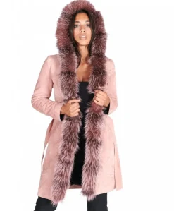 Donna D'Arienzo Tina - Cappotto in pelle scamosciata rosa con cappuccio bordato pelliccia