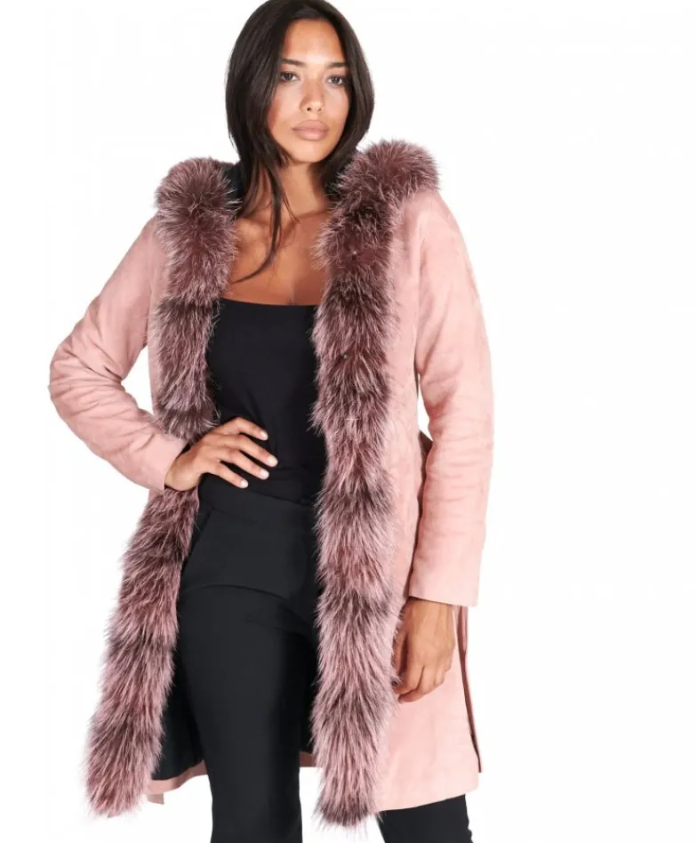 Donna D'Arienzo Tina - Cappotto in pelle scamosciata rosa con cappuccio bordato pelliccia
