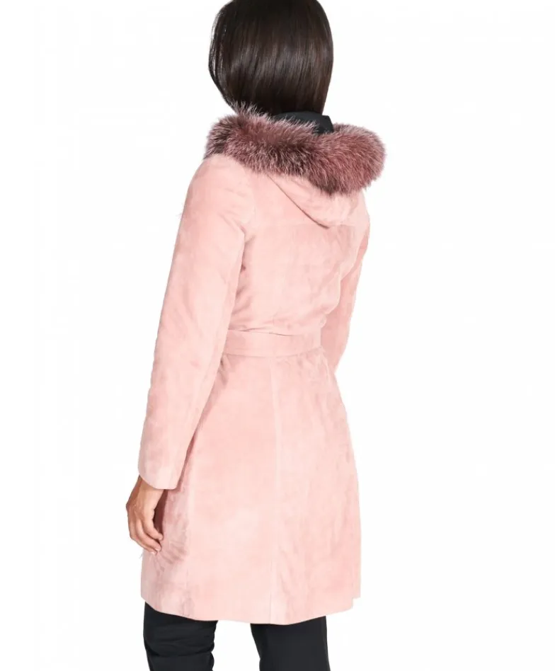 Donna D'Arienzo Tina - Cappotto in pelle scamosciata rosa con cappuccio bordato pelliccia