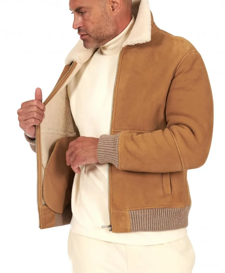 Uomo D'Arienzo Tom - Montone Shearling beige bomber scamosciato collo camicia