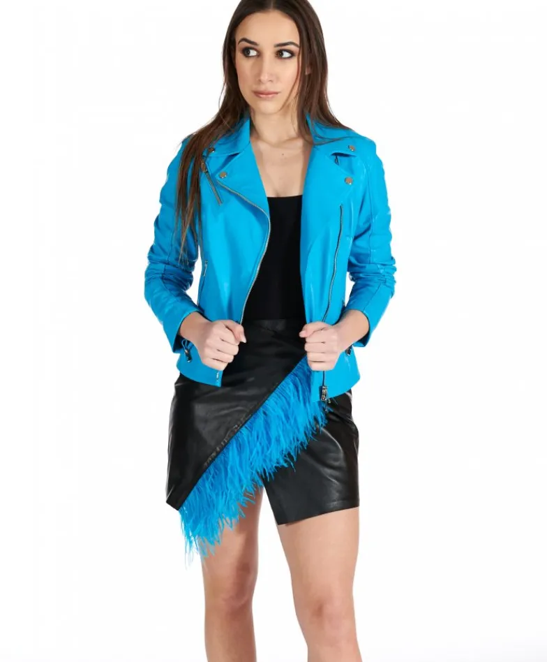 Donna D'Arienzo Tracy - Gonna in pelle corta a portafoglio con piume azzurre