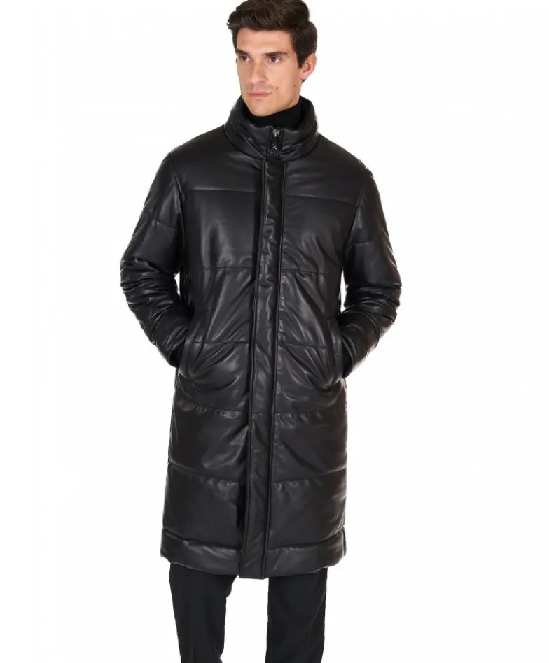 Uomo D'Arienzo Turchese - Piumino lungo in pelle nera uomo versione oversize