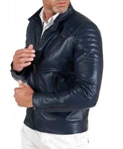 Uomo D'Arienzo U411 - Giacca moto in pelle blu biker trapuntato spalle effetto liscio