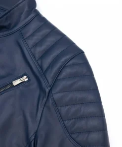Uomo D'Arienzo U411 - Giacca moto in pelle blu biker trapuntato spalle effetto liscio